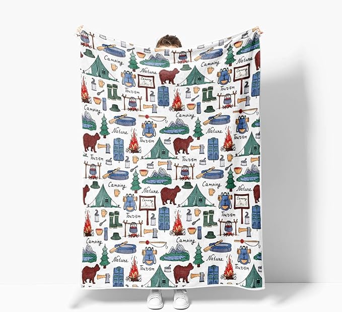 Camper Throw Blanket, RV Camper Accessories for Travel Trailers Throw Blanket, Flannel Camping Soft Warm Cozy Throws Cover for Couch Chair Sofa Bed Outdoor Inside Travel Decor