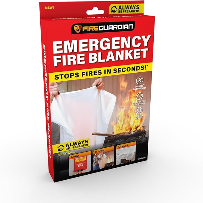 Fire Guardian Emergency Fire Blanket for Small Area Fires, 40" x 40" Woven Fiberglass Emergency Blanket, Provides up to 900°F Heat Resistance, Suitable for Small Area Home & Kitchen Fires