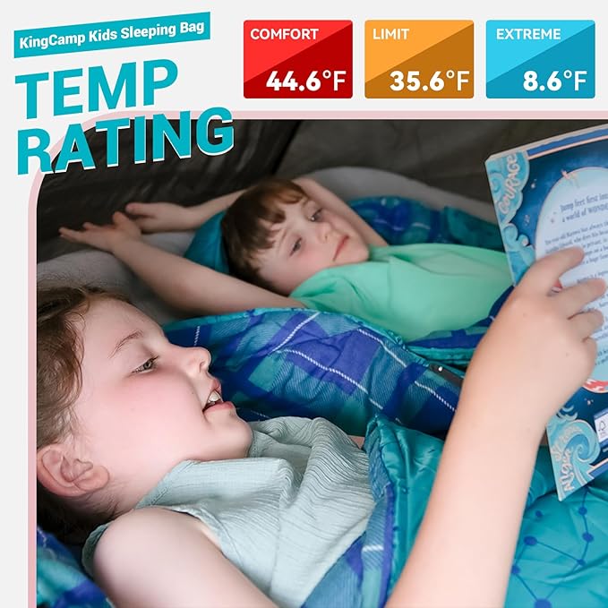 KingCamp 45°F Kids Sleeping Bag, Lightweight Waterproof & Compact Flannel Sleeping Bags Cold Weather & Warm Youth Essentials Gear Accessories for Camping, Fits 10-12 Children up to 4'7"-5'5" Tall