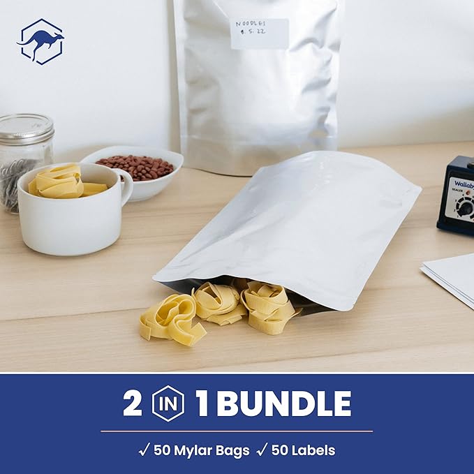 Wallaby 50 Count 2-Quart Gusset Mylar Bags with Labels, 14 Mil Total Thickness Long-Term Food Storage Pouches, 12x8 Stand-Up Zipper Heat-Sealable Airtight Packaging - Silver
