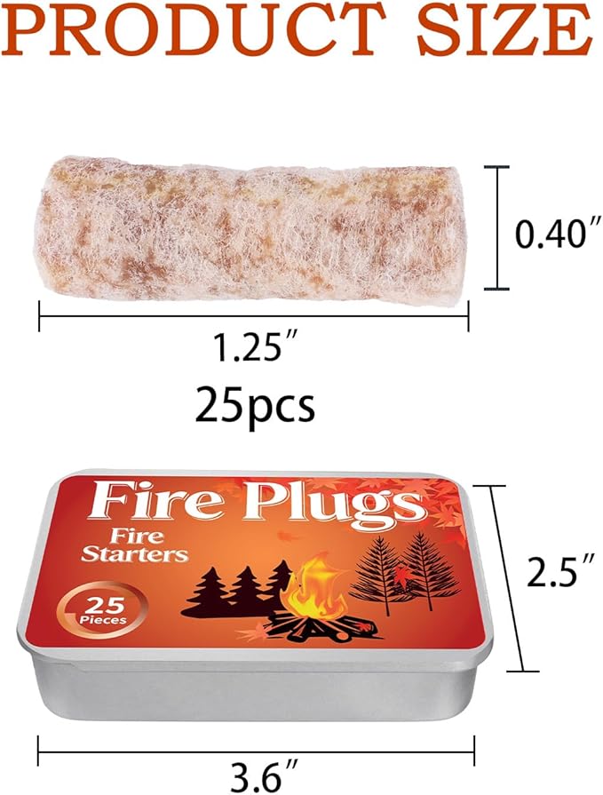 Fire Starter Plugs, 25-Pack, Long Burning Windproof Starters for Campfire, BBQ, Fireplace, Chimney