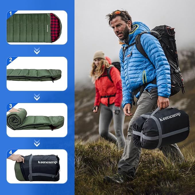 Keencamp 0 Degree Sleeping Bag Cotton Flannel Winter Cold Weather for Adults XXL Sleeping Bag 4 Season Big and Tall with Pillow Compression Sack