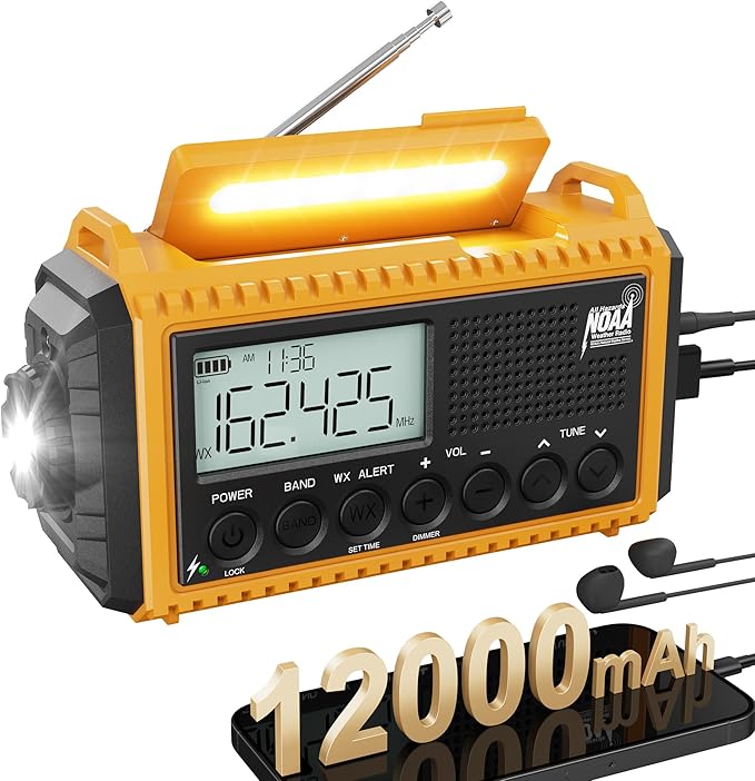 Emergency Radio 12000mAh - NOAA Weather Alert Radio with Auto-Scan & SOS Alarm, Solar Hand Crank 6-Way Power, Flashlight, Reading Lamp for Outdoor, Hiking, Emergencies