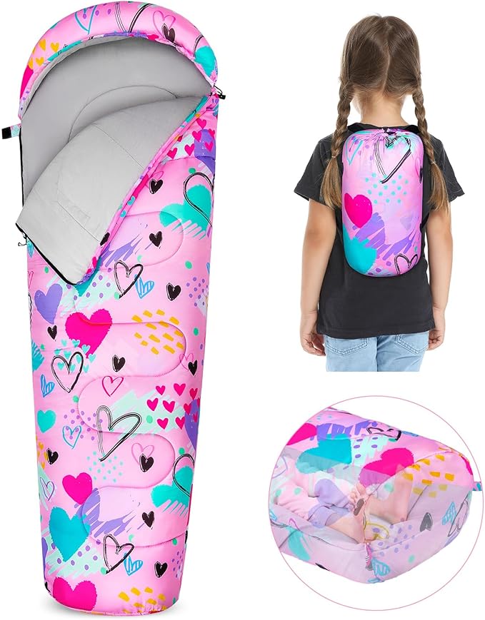 FIOBEE Kids Sleeping Bag for Girls Boys 3 Season Warm & Cool Weather Youth Camping Sleeping Bags with Backpacking Bag Waterproof for Traveling Hiking Indoor Outdoor Camping Essentials