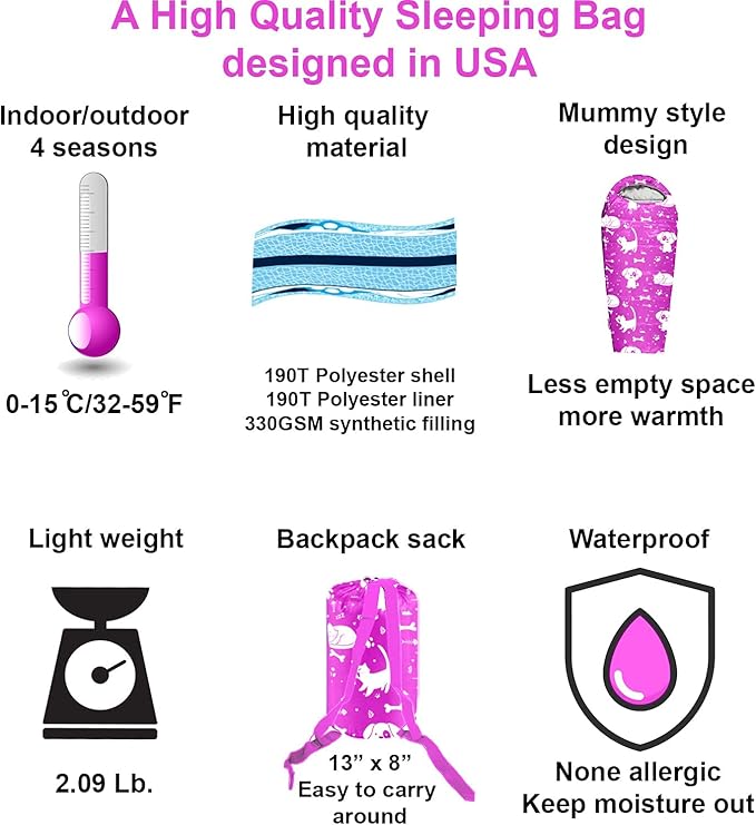 KidzAdventure Mummy Style 32 – 59F Kids Sleeping Bag with Pillow Sleeve, 4 Season, Lightweight and Backpacking Style, Ideal for Camping, Sleepover, Boys, Girls, and Youth