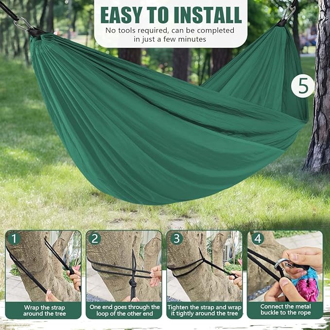 OBTANIM Camping Hammock 500lbs Portable Lightweight Single or Double Hammock with Tree Straps and Carry Bag for Camping Backpacking Hiking Travel Beach Outdoor Indoor (Dark Green)