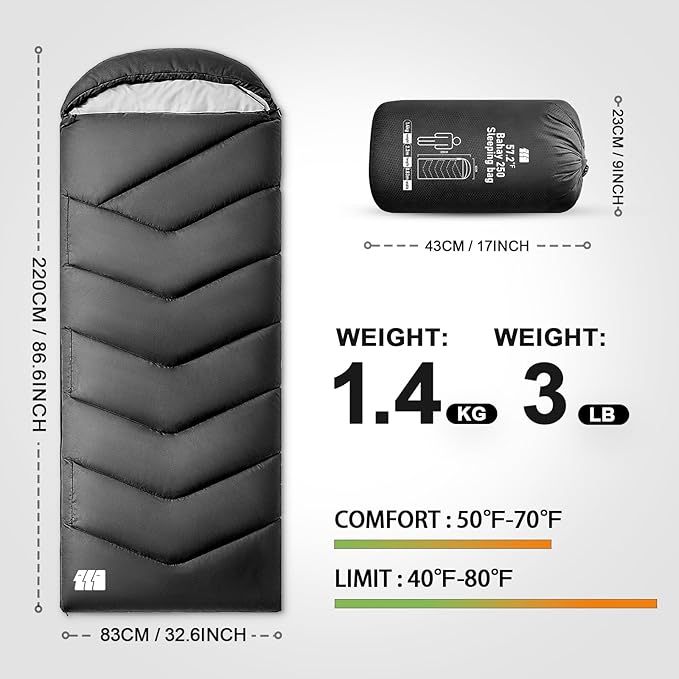 Sleeping Bag for Adults Warm Weather, Compact Lightweight Backpacking Sleeping Bag with Compression Sack, Camping Essentials Gear for Hiking Travel Climbing Outdoor & Indoor Use