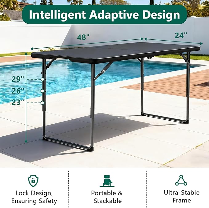 Folding Table 48" x 24" - Heavy Duty Fold-in-Half Plastic Table with Adjustable Height, Portable Utility Tables with Steel Legs for Indoor, Outdoor, Picnic, Camping, Dining, Party (Black)