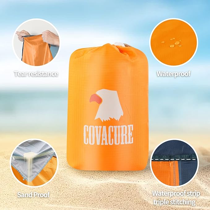 covacure Extra Large Beach Blanket Sandproof Waterproof - 108"x85" for 7-8 Adults, Oversized Beach Mat with Zipper Pockets, Lightweight Outdoor Accessories for Camping, Travel (Orange-M, 108"x85.2")
