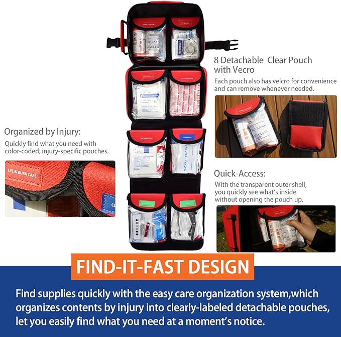 Premium Waterproof First Aid Kit (418 Pieces) for Car & Home - Color-Coded Organized Pockets, Dual-Handle Design | Emergency Survival Kit for Hiking, Camping, Backpacking and Outdoors