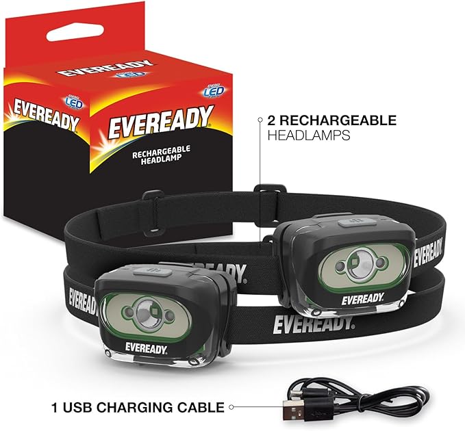 Rechargeable LED Headlamps by Eveready (2-Pack), IPX4 Water Resistant Head Lights for Running, Camping, Emergency, Outdoors (USB Cable Included),Black (2-Pack),Adjustable