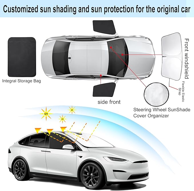 3PCS Car Window Shades Front Windshield Sun Shade Foldable Window Shade Custom Fit for 2016-2024 Tesla Model X Accessories Car Shades for Front Windows Anti-UV Rays Block Heat