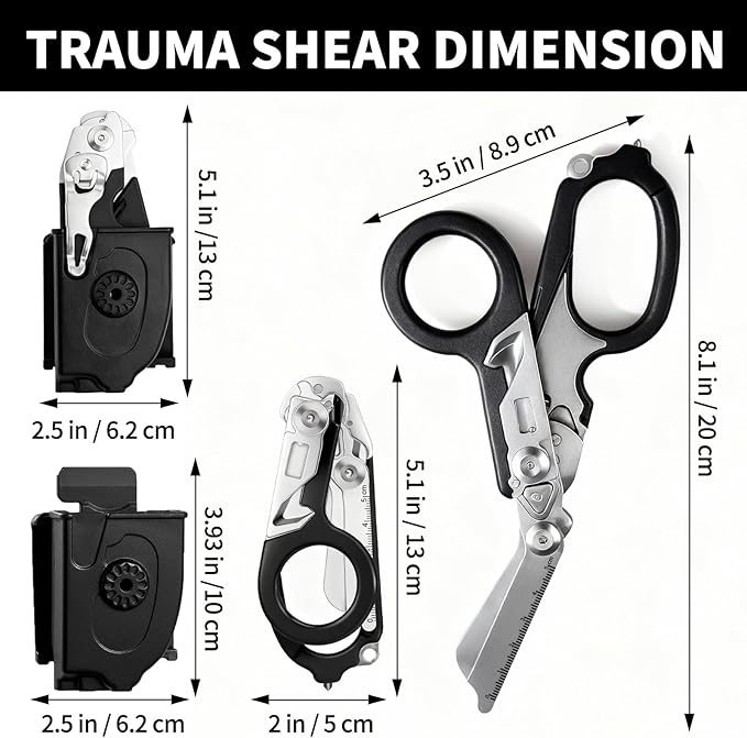 Folding Trauma Shears for EMT Accessories, 6 in 1 Multi-function Medical Shears with Holster for Outdoor Camping, Emergency Rescue, First Responders (Black)