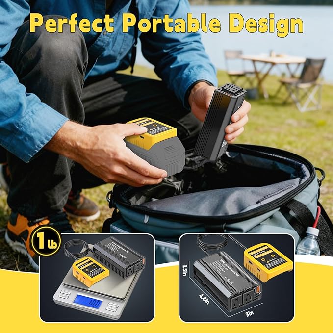 300W Power Inverter Compatible with Dewalt 20V Battery, DC 20V to AC 110V Battery Converter with 2 AC Outlets & 1 Type-C PD 65W & 1 Type-C PD 20W & 2 USB A 18W Max (Battery Not Included)