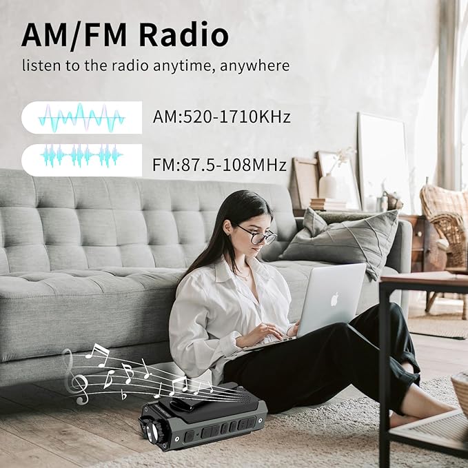 NOAA/AM/FM Weather Radio with Flashlight，Solar Hand Crank Radio,USB Type-C Charging, Cellphone Charger, SOS Alarm,Compass for Indoor Outdoor Emergencies