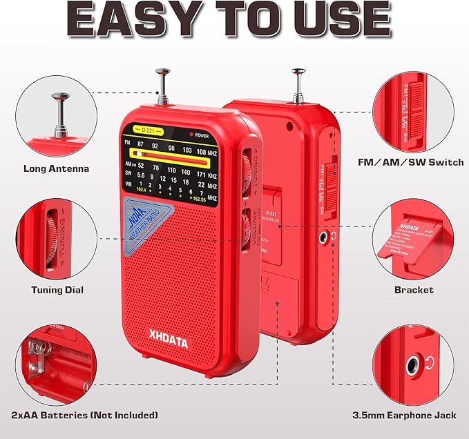 XHDATA D221 NOAA Weather Radio Portable AM FM Shortwave Radio Receiver, 2AA Battery Operated, Transistor Radio with Excellent Reception for Emergency, Hurricane, Gift, Walking and Home (Red)