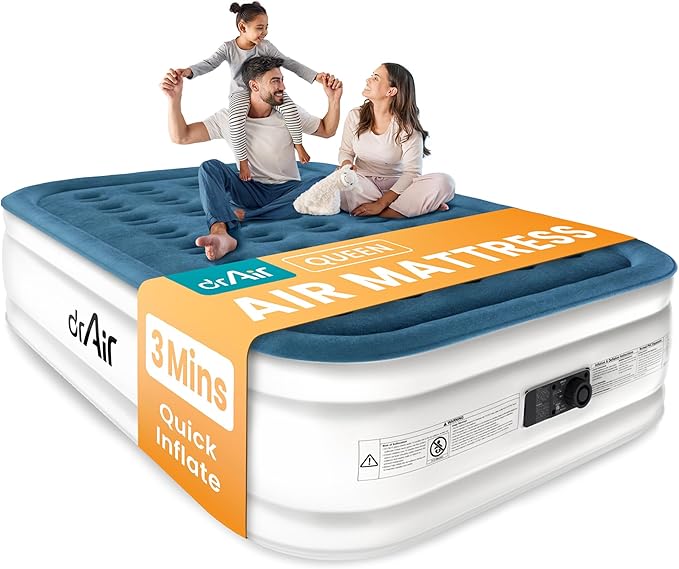 Dr. air Queen Air Mattress with Built-in Pump, 18" Raised Blow Up Mattress, 800 lbs Max Honeycomb Air Bed, 48Hr Leak-Proof Test, 3min Inflatable Mattress for Home, Guests, Camping, Colchones inflables