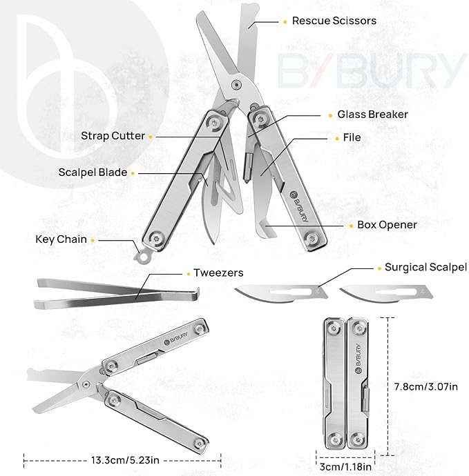 BIBURY Mini Multitool BI2052A, 8 in 1 Keychain EDC Scissors w/Window Breaker, Seat Belt Cutter, Bottle Opener for Outdoor Survival, Multi Tool Cool Gadget TSA Approved, Gift for Men Women