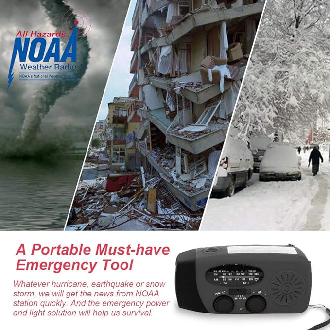 Portable Solar Emergency Weather Radio Hand Crank AM/FM NOAA Survival Radio with LED Flashlight 2000mAh Cellphone Charger for Smart Phone for Home Outdoor Camping Traveling Earthquake