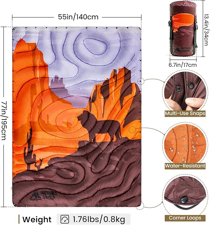ONETIGRIS Ultralight Camping Blanket, Packable Puffy Quilt Puffy Printed Camping Blanket with Snap Buttons & Corner Loops for Backpacking, Hiking & Travel