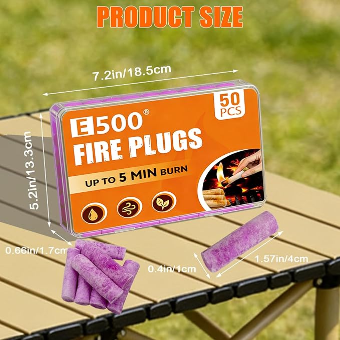 E500 Fire Plugs Emergency Fire Starters, 50 Count Waterproof Fire Plugs for Survival Kits, Power Outages, Camping & Outdoor Use