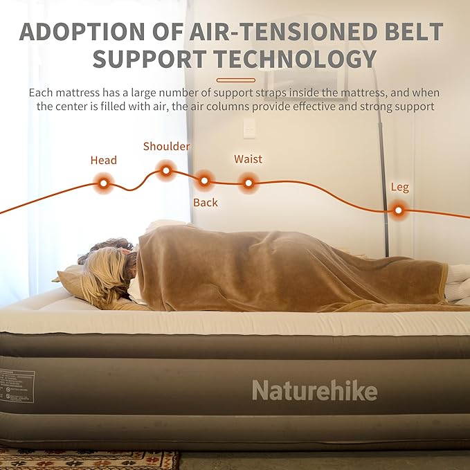 Naturehike Pongee Fabric Queen Air Mattress with Self-Stop High-Speed Built in Pump, 15.8" Thicken Deluxe Blow Up Mattress Waterproof, 2-Min Fast Inflatable Airbed for Home, Camping, Guests, Travel