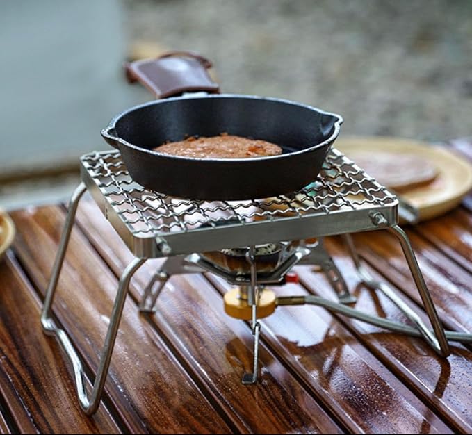 MDUG Ultralight Mini Camp Grill with Foldable Legs – 304 Stainless Steel Grate, Portable Gas Stove & Campfire Stand, Compact Grill Grid for Backpacking/Camping/Hiking/Picnic/Travel/Fishing (Weave)