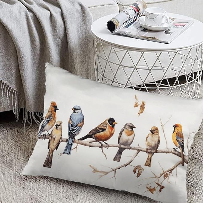 ITFRO Set of 2 Hand-Painted Oil Painting Rustic Forest Wildlife Birds Tree Branches Short Plush Both Sides Lumbar Animal Throw Pillow Cover Cushion Case Sofa Waist Decorative 12x20 Inches (Ivory)
