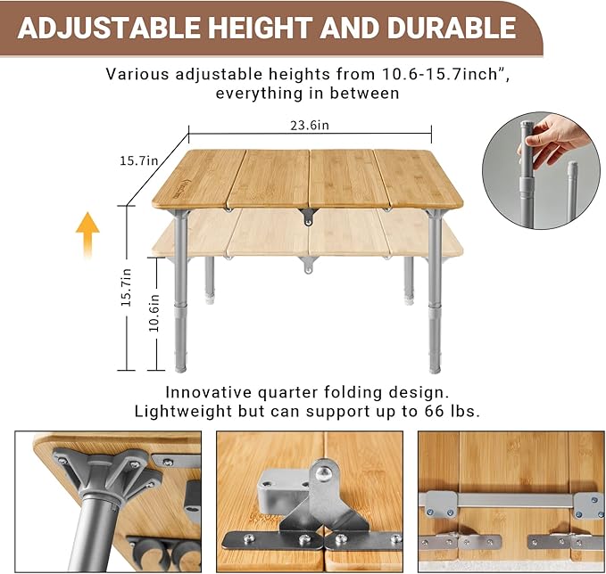 KingCamp Bamboo Folding Table Camping Table with Adjustable Height 4-Folds Compact Small Lightweight Portable Picnic Camp Table for Outdoor Backpacking Beach RV Travel Tailgating Barbecue, 1-2 People