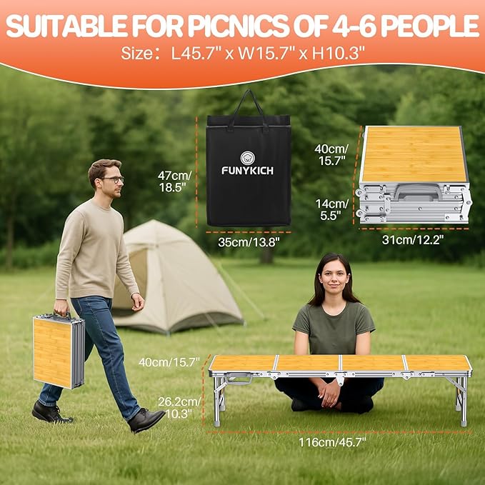 FUNYKICH 4ft Low Folding Picnic Table(45.7''x15.7''x10.3''), Thicker Aluminum Legs Beach Table with Handle & Carry Bag, Lightweight Small Camping Table for Picnic Beach Camping Party, Yellow