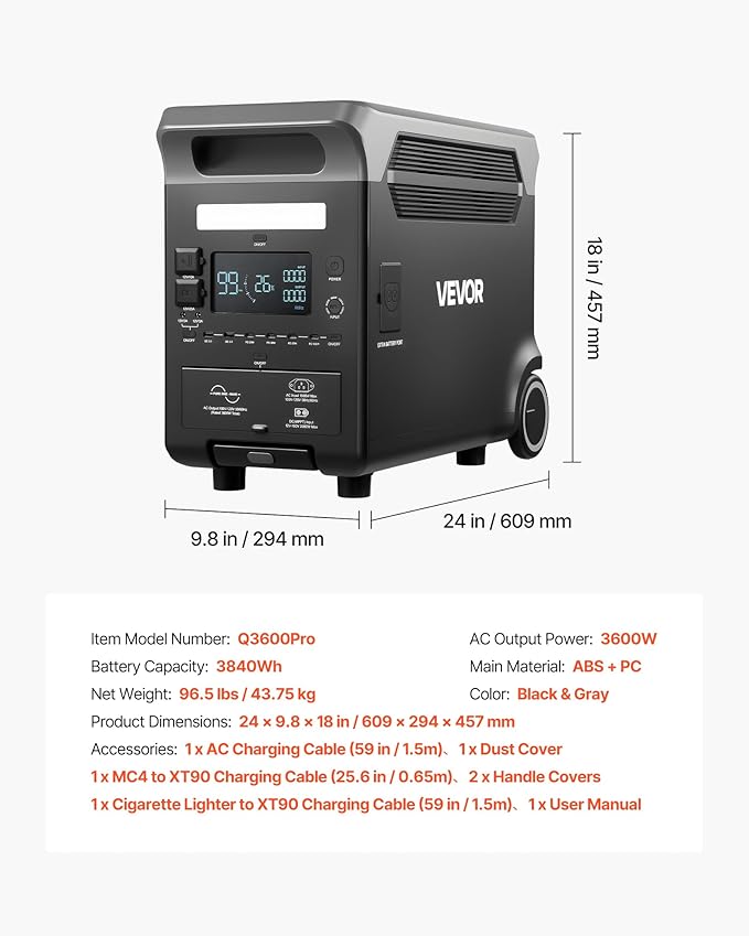VEVOR Portable Power Station, 3600W 3840Wh Power Station Solar Generator with 10 Output Ports & Adjustable Input Power, Expandable LiFePO4 Battery Backup for Home Camping RV (Solar Panel NOT Included)