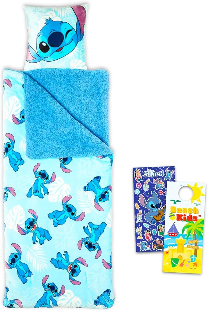 Stitch Sleeping Bag Set - Bundle with 27" x 26" Disney Slumber Bag with Attached Pillow Plus Stickers, More | Lilo and Stitch Camping and Sleepover Supplies