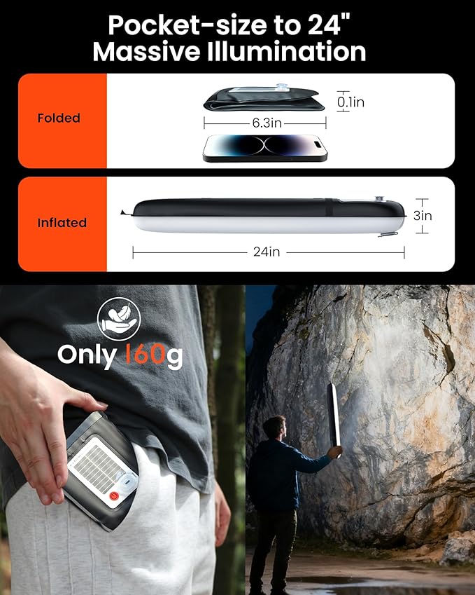 24" Inflatable Solar Camping Lantern, Magnetic LED Tube Light with USB-C 2000mAh Power Bank, IP66 Waterproof TPU Tent Light for Hurricane Emergency, Backpacking & Off-Grid Survival (Black)