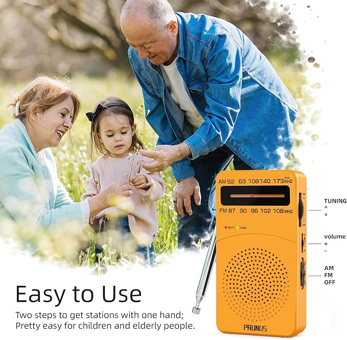 PRUNUS J-166 Portable Radio AM FM, Gifts for Dad and Mom, Battery Operated Radio with Tuning Light, Back Clip, Excellent Reception, AM FM Radios Portable, Transistor Radios