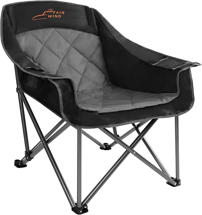 FAIR WIND Oversized Padded Camping Chair Heavy Duty Quad Fold Arm Chair Portable for Outdoor - Support 500LBS, Black