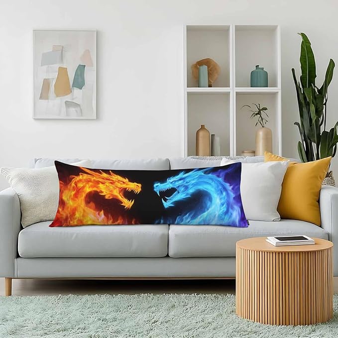 Body Pillow Covers Dragon Body Pillowcase 20"X54", Blue Red Fiery Dragons Couch Side Sleeper Pillow Cases for Home Bedroom, Outdoor Body Cushion Cover for Men Women