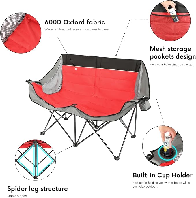 Byliable Double Camping Chair Outdoor 2-Seater Oversized 2 Person Portable Folding Lawn Chair with Cup Holders & Mesh Storage Pocket for Picnic, Camping, Beach, Sports, Hiking