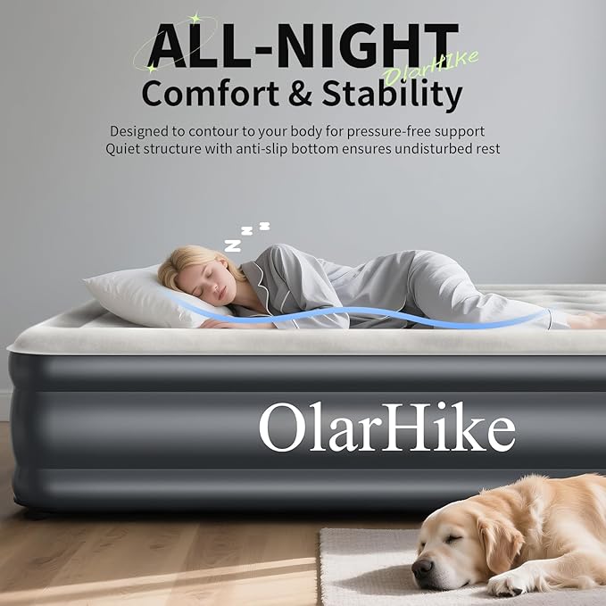 OlarHike Air Mattress Queen with Built in Pump, Inflatable Mattress Blow up Mattress, 18" Colchones Inflables Foldable Air Bed for Guest & Home, Ideal for Camping, 700lbs