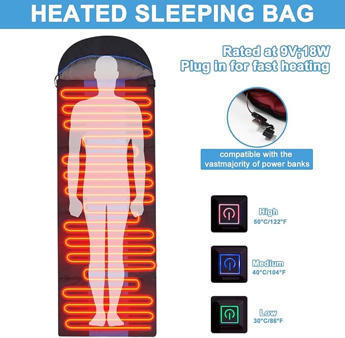 Longzhuo Heated Sleeping Bags for Adults Kids - Portable USB Power Warm Sleeping Bag for Camping with 4 Heating Zones, Cold Weather Sleeping Bag for All Season Camping Hiking Backpacking