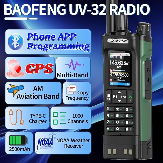 BAOFENG UV-32 Radio Ham Radio Handheld 10W Long Range Rechargeable NOAA Weather Receiver 5RM K5 Tactical Two Way Radio Walkie Talkie for Adults with GPS,USB-C Charging for Hunting Survival Gear,2Pack