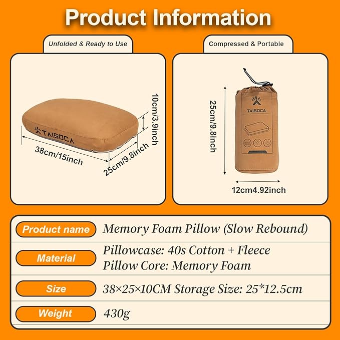Camping Pillow Memory Foam Pillow Ultralight Travel Pillow with Removable Cover, Ergonomic Neck Support for Outdoor Camping, Hiking, Backpacking