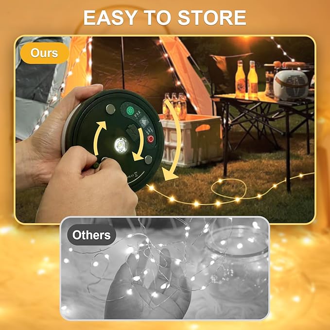 Camping String Lights, 4 in 1 Quick Storage 33FT Rechargeable Tent Lights with 9 Lighting Modes, Hanging Waterproof Portable Retractable LED Lamp for Outdoor, Patio, RV, Awning, Garden, Party