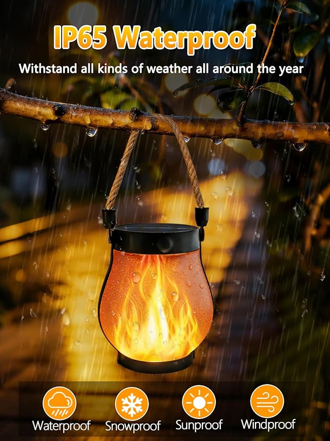 1 Pack Gen2 Solar Lights Outdoor Waterproof, Solar Lantern with Dancing Flame, 2 Lighting Modes, Dual Charging USB & Solar Powered, with Hanging Rope Handle for Patio Yard Garden Tree Tabletop Decor
