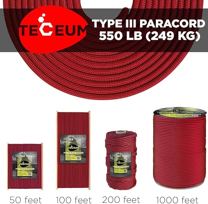 TECEUM Reflective Paracord Rope 1000 – 1000ft/200ft/100ft/50ft – 40+ Colors – Glow in The Dark – para Cord – Utility Rope for Survival, Hunting & Camping Gear – Nylon String, Camping Rope, Tent Cord