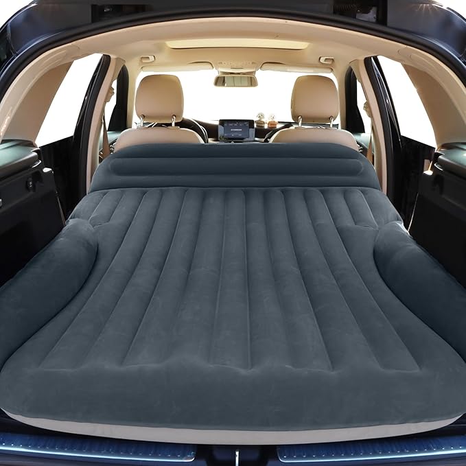 Ciremiv SUV Air Mattress, Double-Sided Thick Flocked Car Air Mattress with Built-in Pump & Pillow, Complete Sleeping Accessories for Auto Camping & Road Trips（Dark Gray）