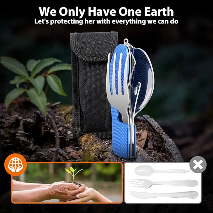 Camping Silverware Set HIKENTURE 4-In-1 Stainless Steel Hobo Knife Fork Spoon Bottle Opener with Storage Case (Blue)