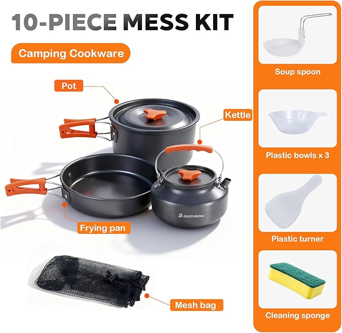 Camping Cookware Set Silicone Handle 10-Piece Lightweight Backpacking Pots and Pans Set, Compact Nesting Camping Cooking Set with Folding Handle for Hiking Family Camping & Outdoor Picnic