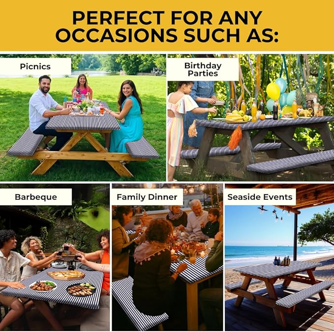 RNOONY 8ft Polyester Picnic Table Cover with Bench Covers Windproof & Waterproof Tablecloth, Perfect Camping Gifts, RV Essentials, Cool Camping Gadgets, Carrying Bag, 96x30 Inches 4Pcs Blue Stripes