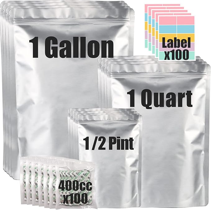 100pcs Mylar Bags for Food Storage with 150 Oxygen Absorbers & Labels, 10 Mil Thick 3 Sizes (1 Gallon, 1 Quart, 1/2 Pint) - Stand-Up, Resealable & Heat Sealable for Long Term Food Storage