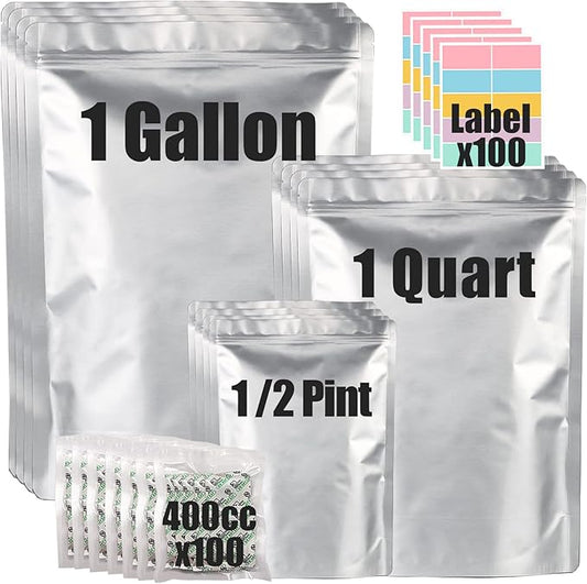 100pcs Mylar Bags for Food Storage with 150 Oxygen Absorbers & Labels, 10 Mil Thick 3 Sizes (1 Gallon, 1 Quart, 1/2 Pint) - Stand-Up, Resealable & Heat Sealable for Long Term Food Storage